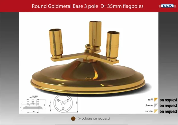 Flagpole base round gold metal 3 pole d=35mm