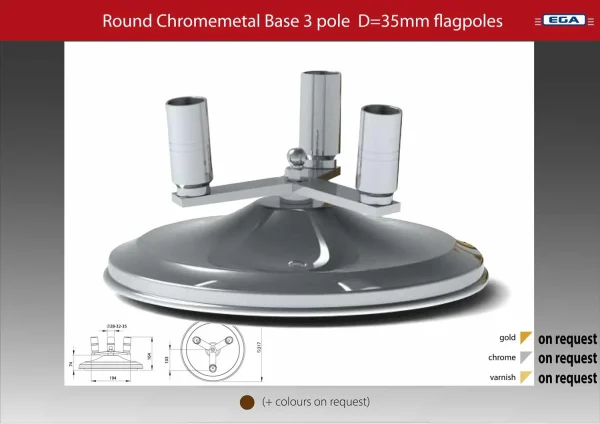 Flagpole base round chrome metal 3 pole d=35mm