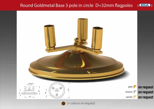 Flagpole base round gold 3 pole d=32mm in circle